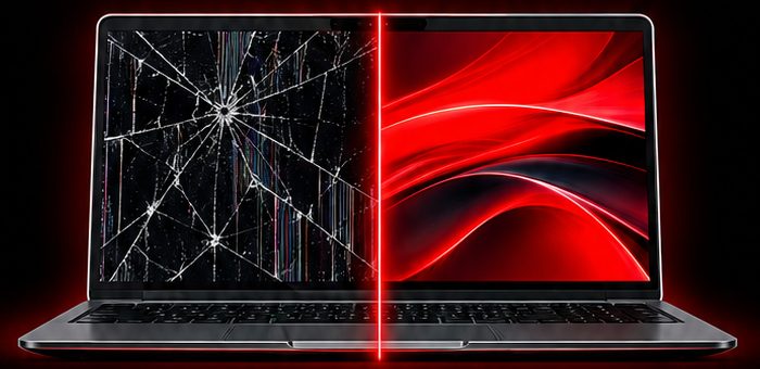 Notebook com metade da tela quebrada e metade nova